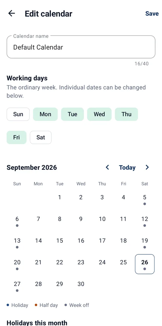 Edit calendar: working days Monday to Friday and a September 2026 month view marking week offs