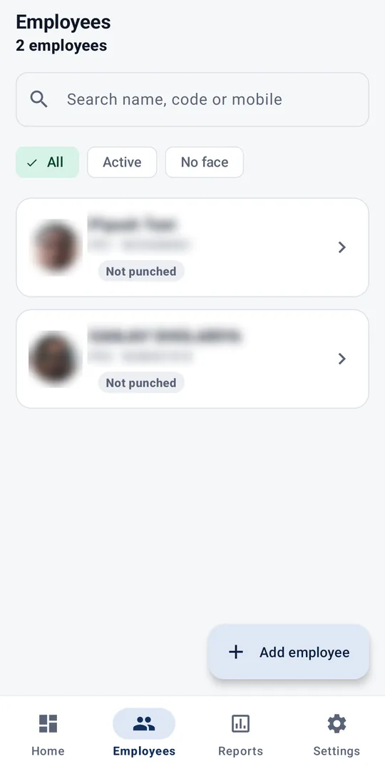 Employees list with search and filters for all, active and no face; employee names and photos are blurred